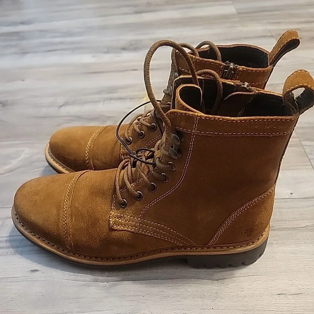 Frye Russell‎ Boots Mens 10M Brown Suede Leather Lace-Up Zip Side Stylish NEW
